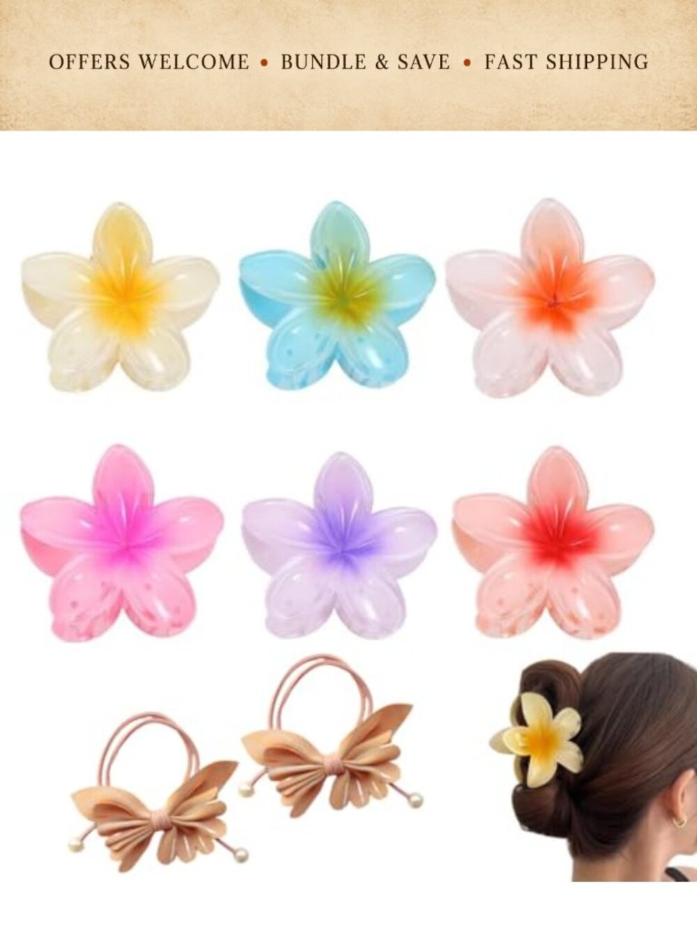 Hawaiian Plumeria Hair Clips with Bow Rubber Bands, Plastic Flower Hair